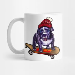 pit bull dog puppy skateboarding in a red beanie hat - cute funny blue line pittie with piercing blue eyes Mug